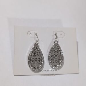 Silver Rhinestones Tear Drop Dangle Earrings NWT. Elegant.